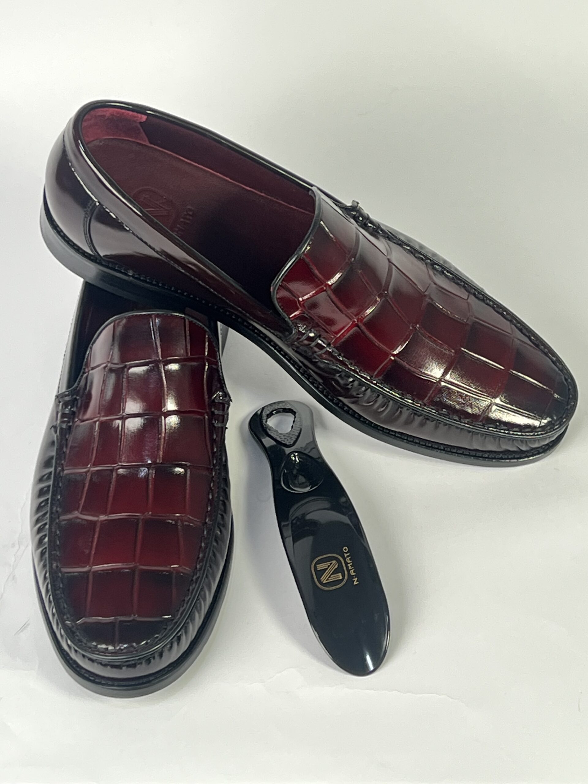 N-Amato Luxe Burgundy Croc-Embossed Patent Loafer